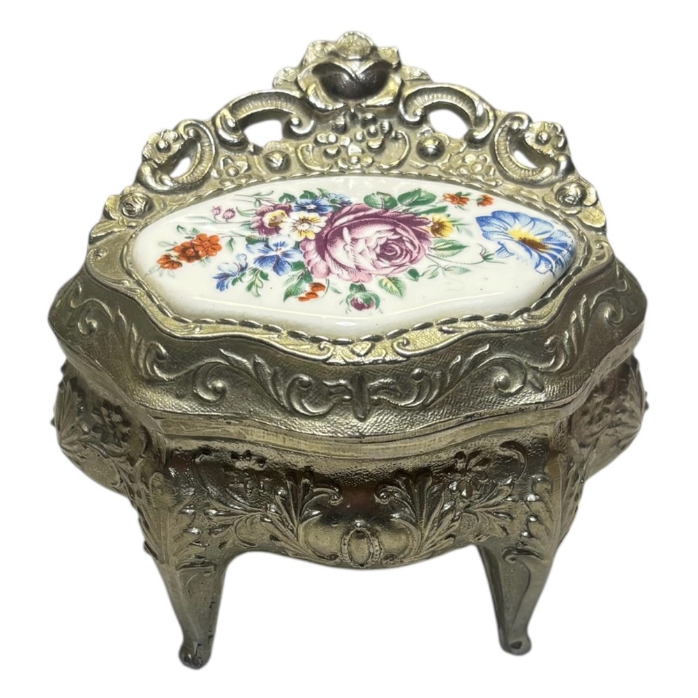 Vintage Victorian Style Metal Footed Jewelry Trinket Box made In Italy Floral MM